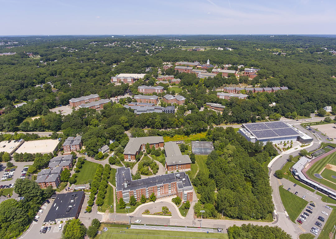 Aerial view of Bentley University main campus in downtown Waltham, Massachusetts.