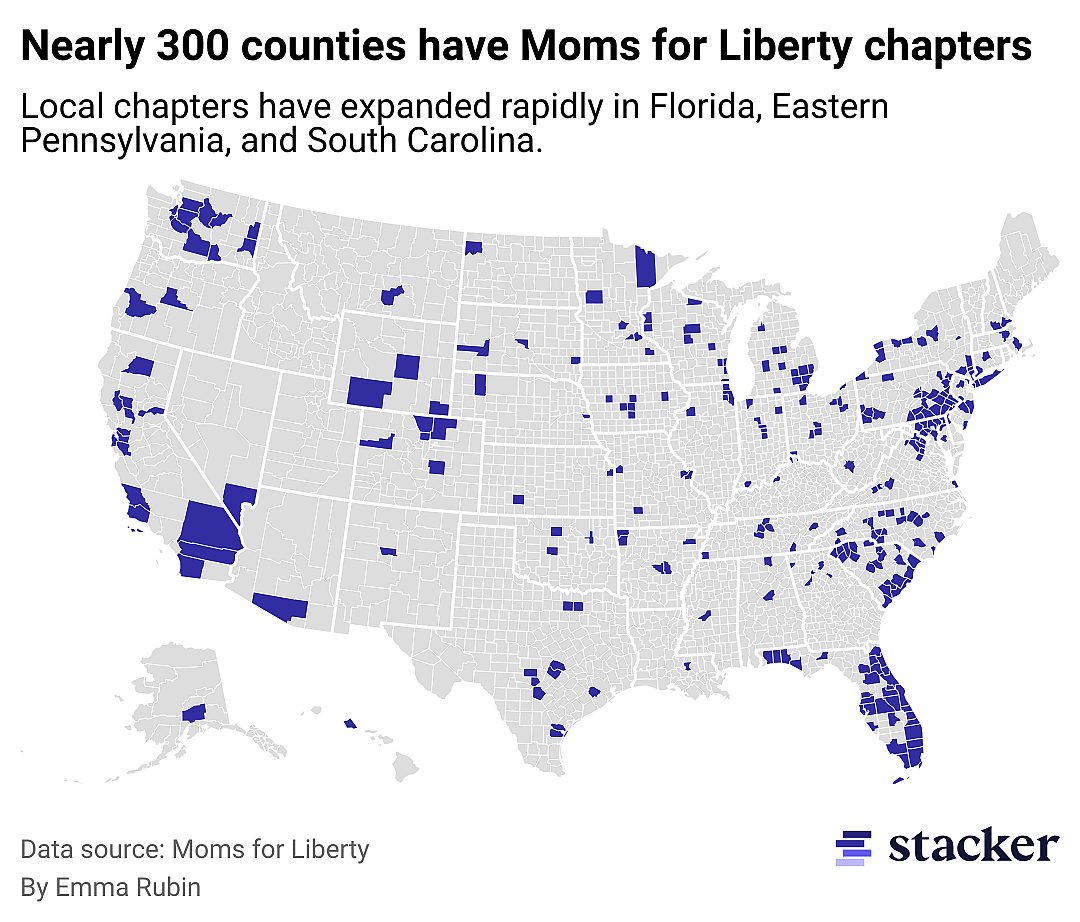Map showing where Moms for Liberty chapters are located, across nearly 300 counties.