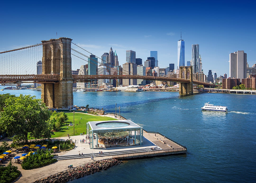 An aerial view of New York City on the water.