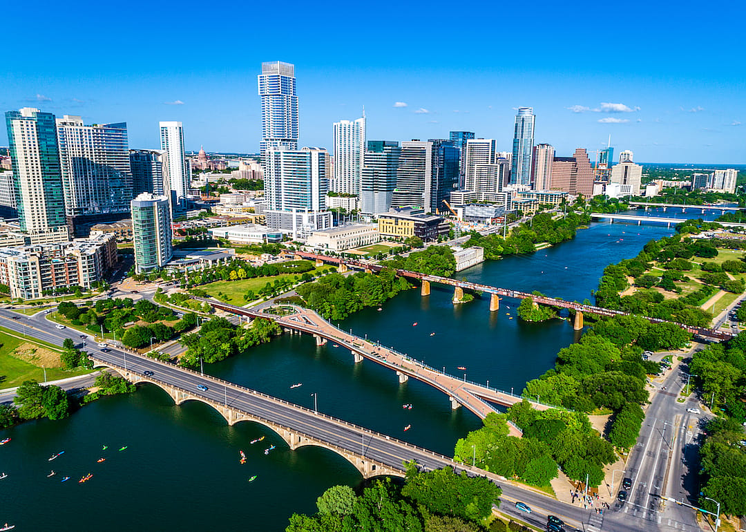 An aerial view of Austin on the water.