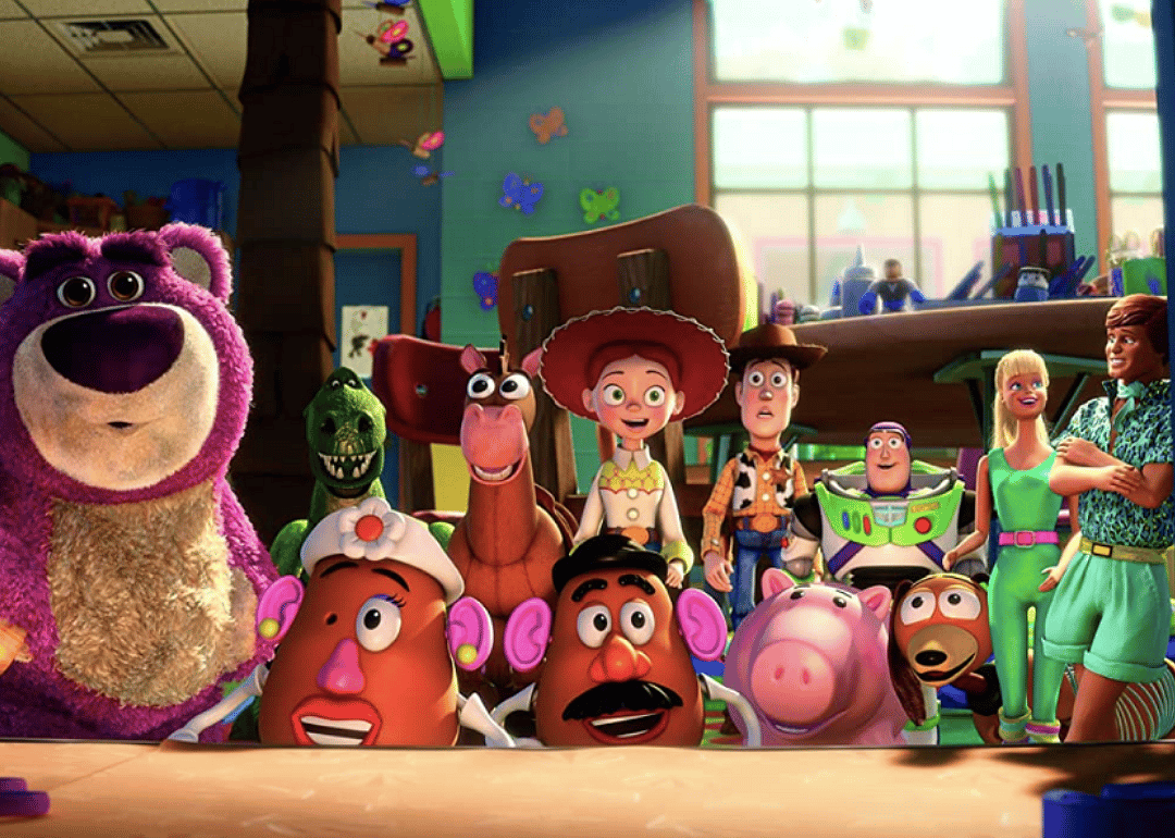 A crowd of various toys smiling.