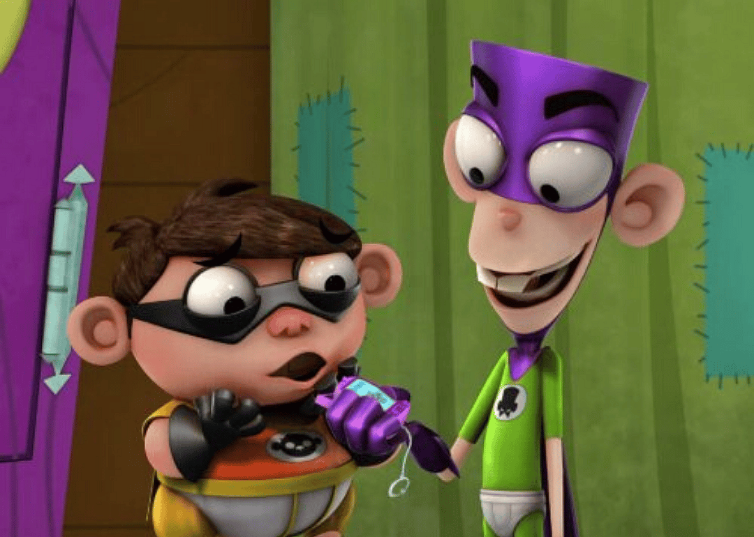 A cartoon of two boys dressed as superheros.