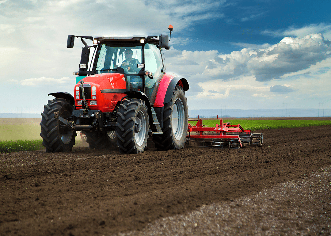An agricultural worker drives a tractor