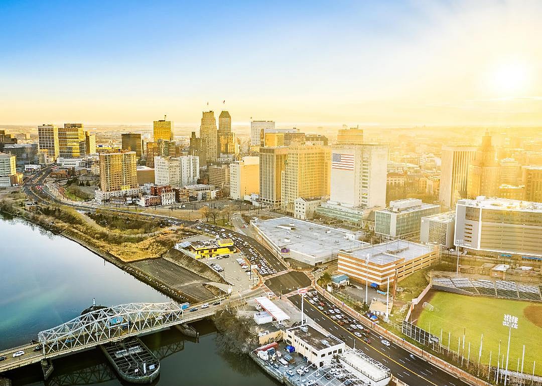 Aerial view of Newark skyline on late sunny afternoon.