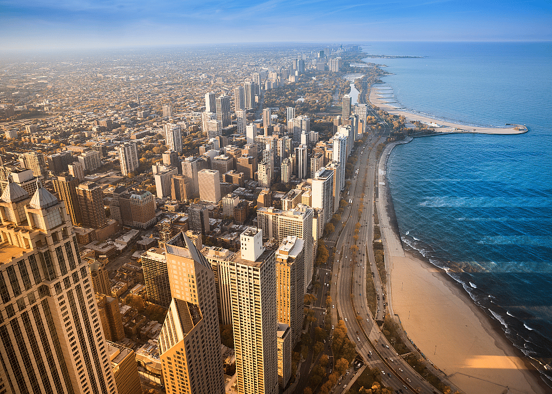 An aerial view of downtown Chicago on the water.