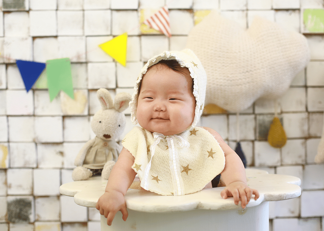 A baby in a hat and bib with gold stars posed in front of a colorful flag banner.