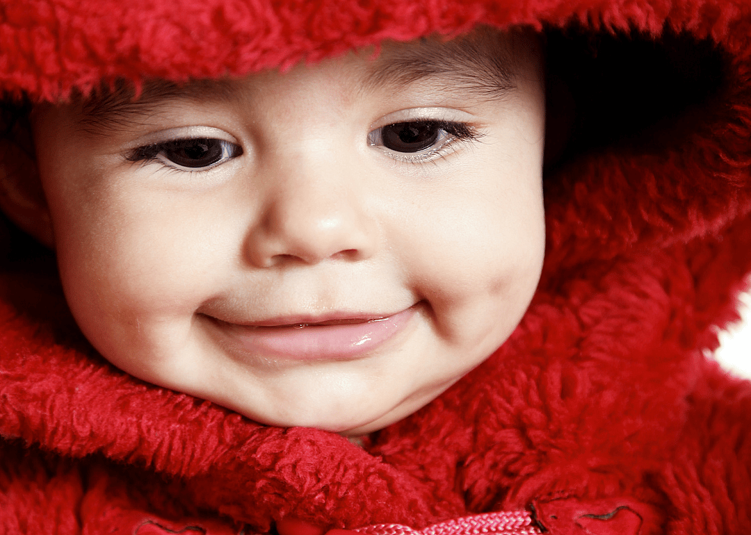 A baby in a red fuzzy hooded jacket.