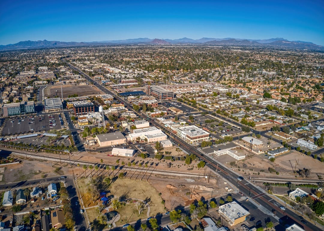 An aerial view of downtown Gilbert, Arizona surrounded by desert landscape.