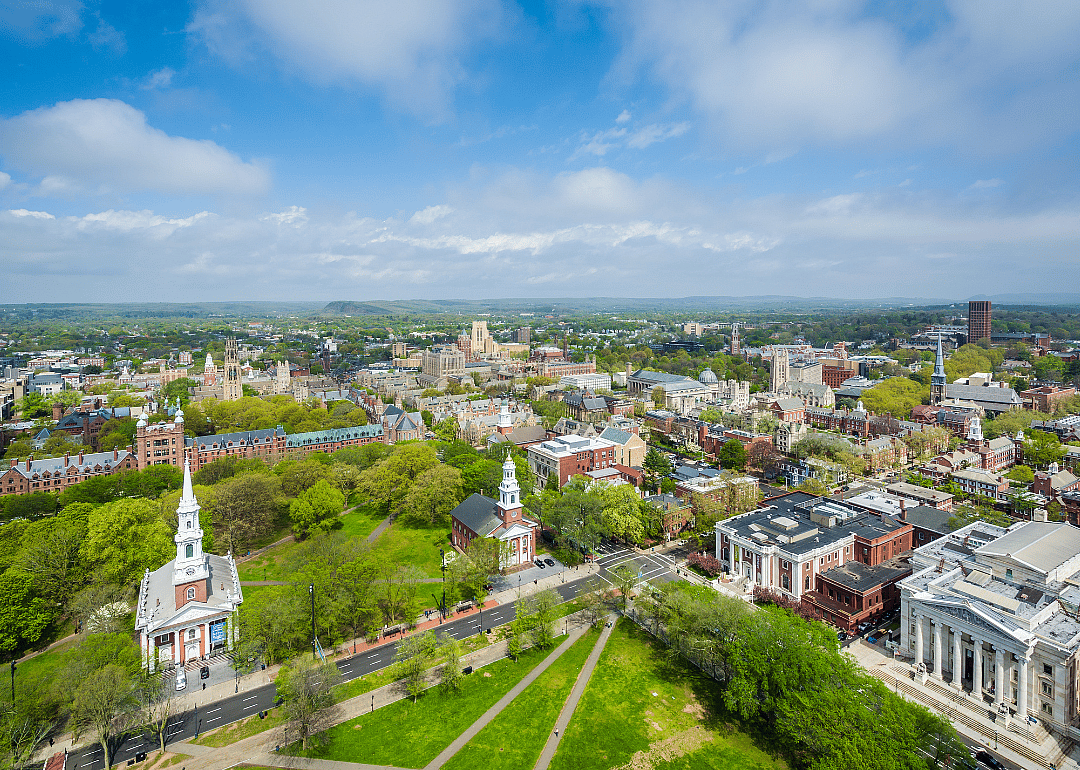 An aerial view of historic buildings in New Haven.