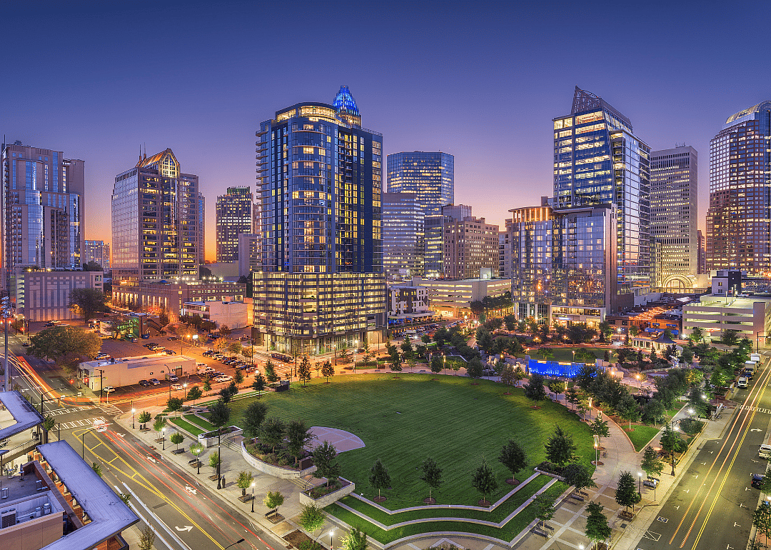 The downtown Charlotte skyline at night.