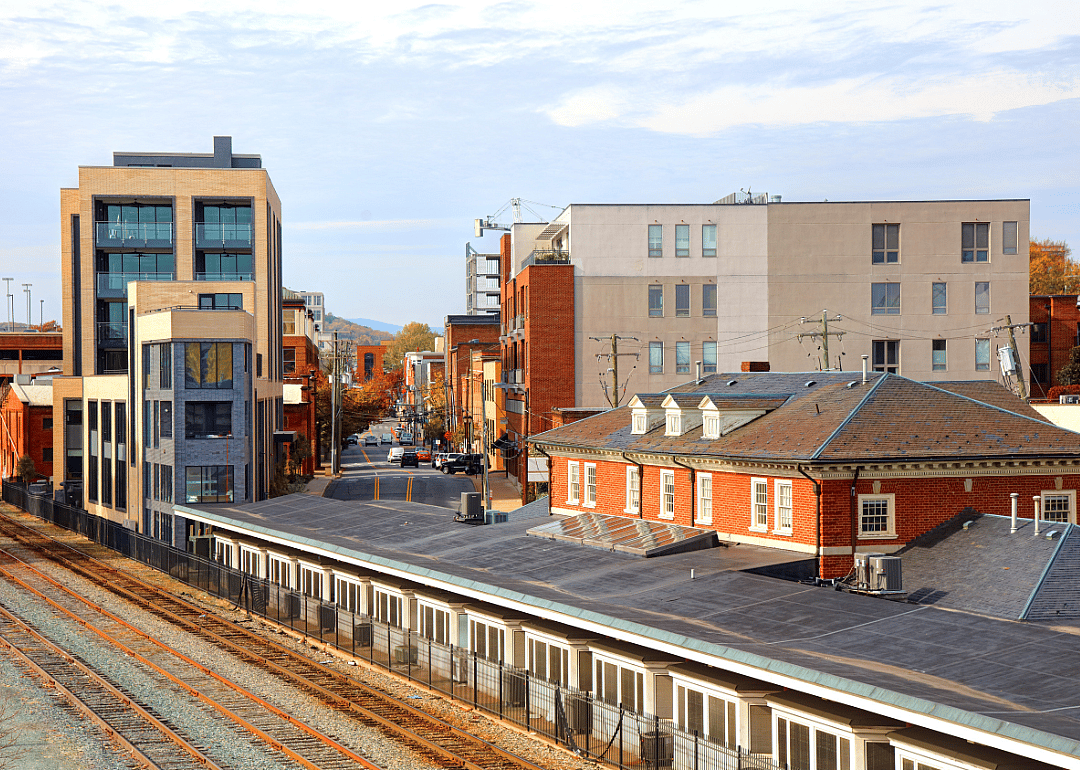 A main street of Charlottesville and railroad tracks downtown.