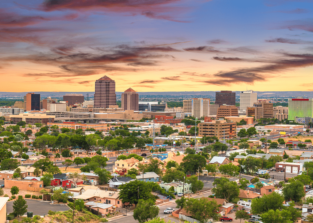 Aerial view of homes and downtown Albuquerque.