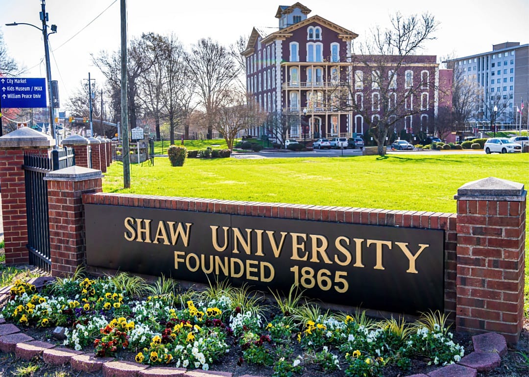 An entrance sign for Shaw University in front of a red brick building.