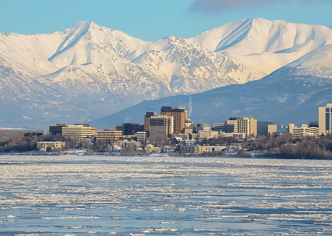 Downtown Anchorage waterfront with snowy mountains in the background.