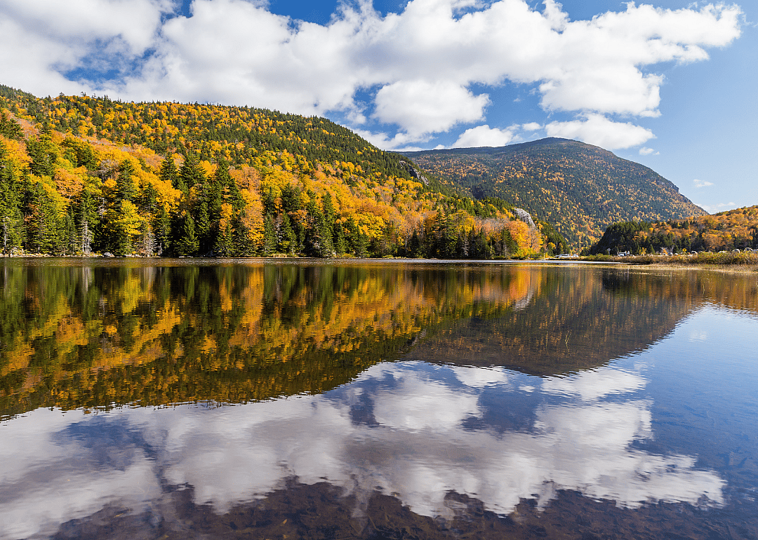 A blue sky with fluffy clouds reflected on a calm lake surrounded by mountains. 