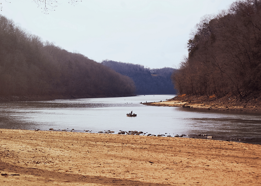 A person on a small boat on a lake surrounded by trees in the distance. 