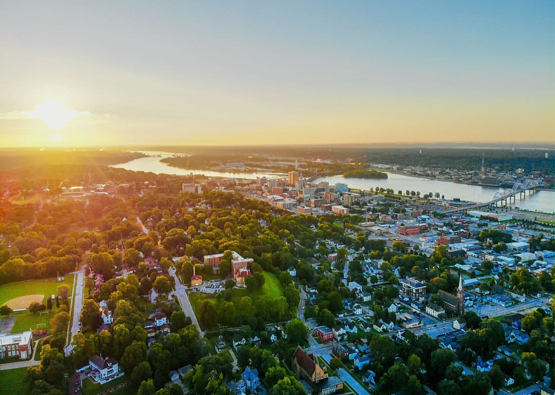 The skyline and sunset over Davenport, Iowa.