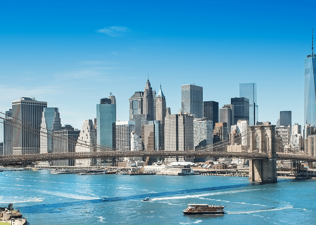 New York skyline and bridge across the water.