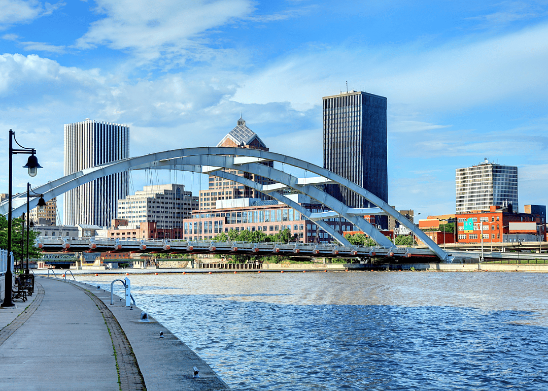 The Rochester skyline and a bridge over the water.