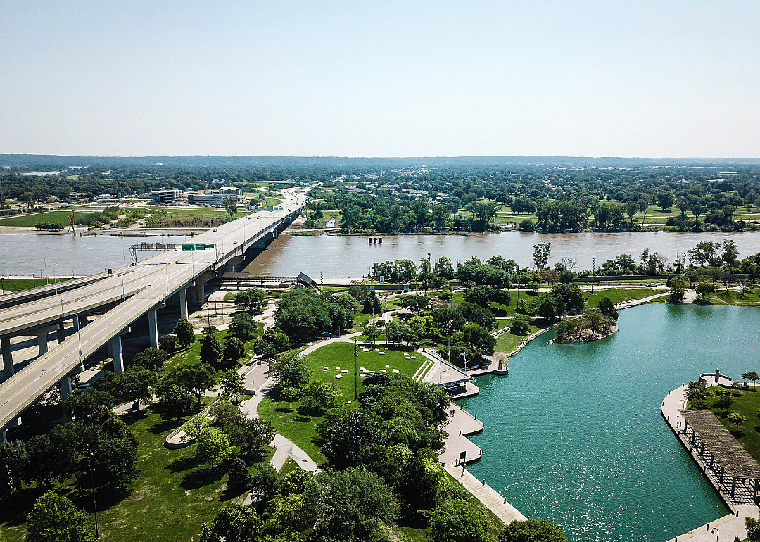 A bridge and waterway going through Omaha, Nebraska.