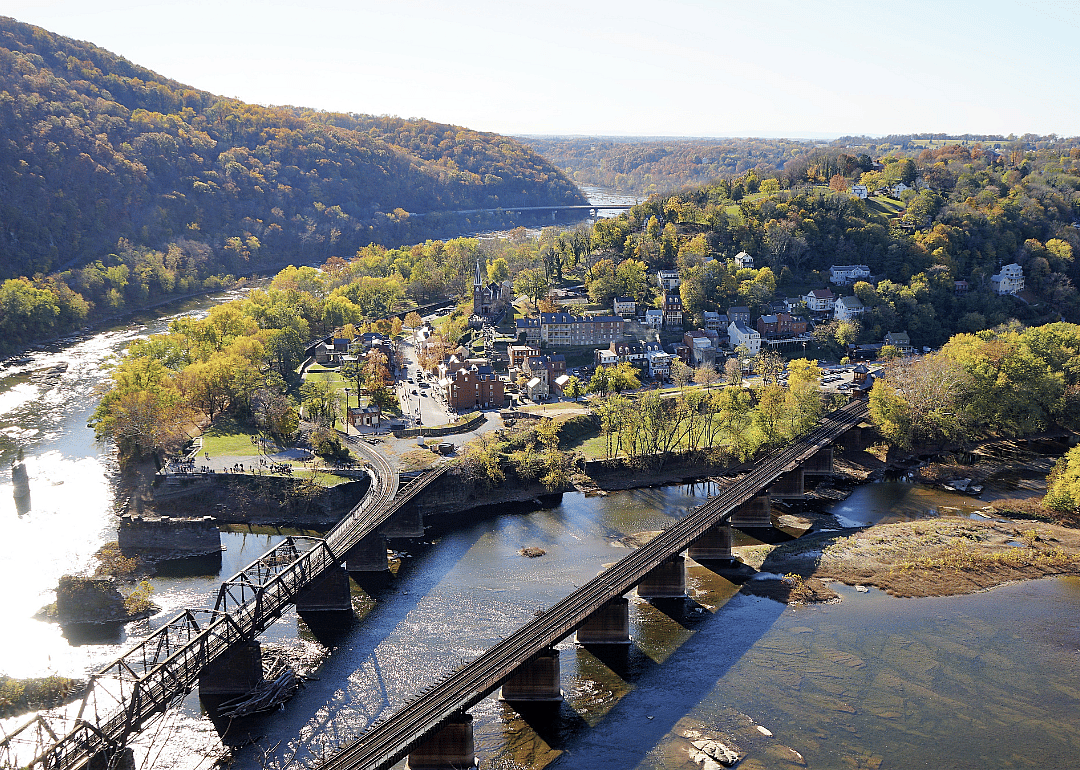 Several bridges crossing the Potomac River to Harper's Ferry, West Virginia.