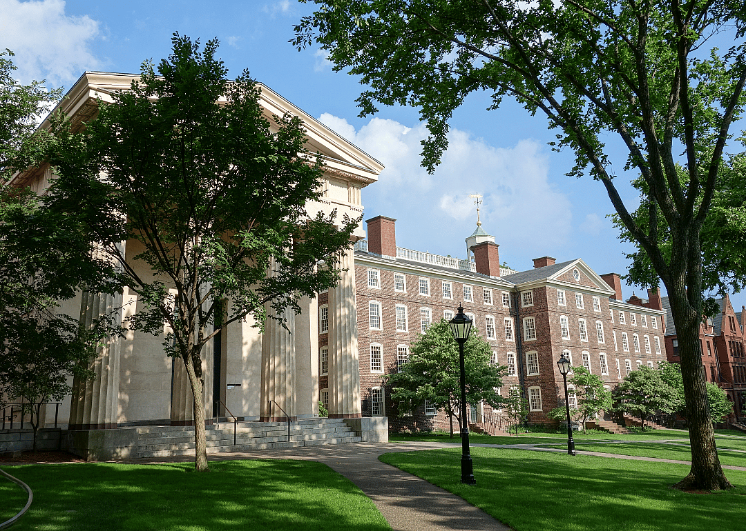 Beautiful stone and brick building with Greek columns at Brown University.