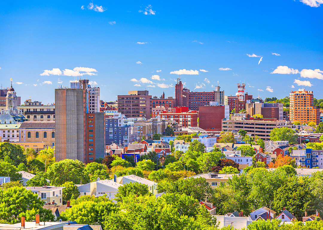 An aerial view of colorful buildings in Portland, Maine.