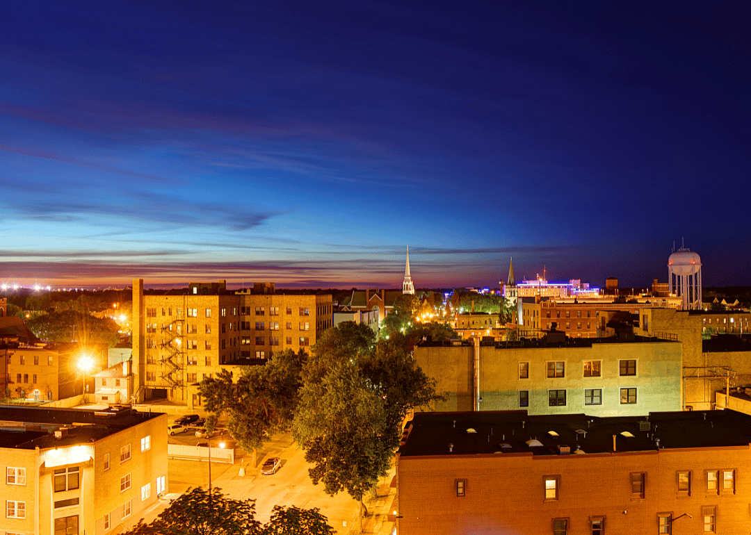 An aerial view of downtown Fargo at night.