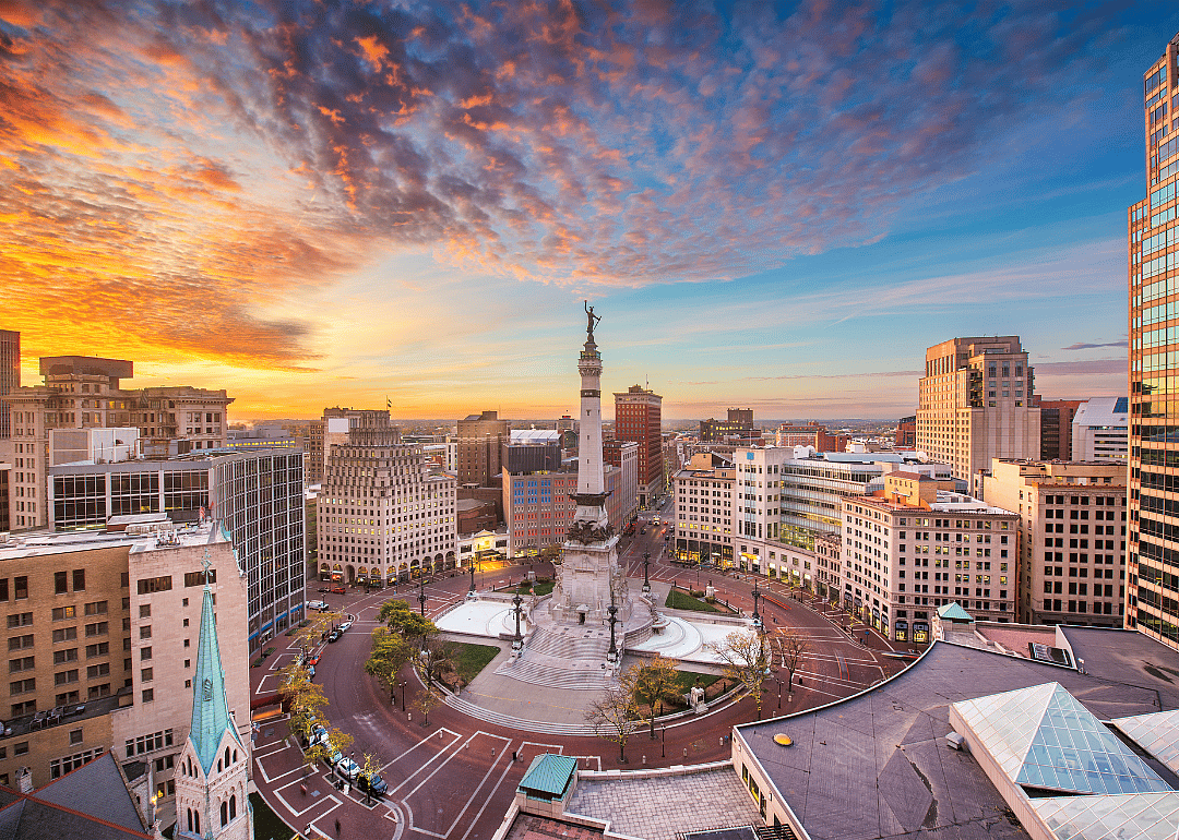 The Indianapolis skyline at sunset.