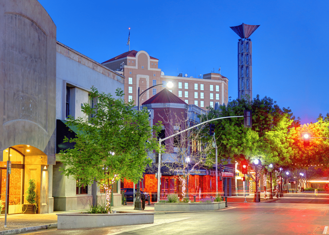 Downtown Modesto, California at dusk.