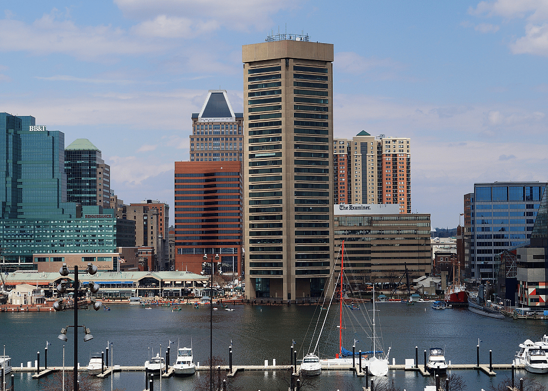 Buildings and boats on waterfront.