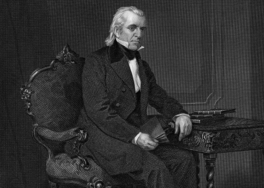 An etching of James K. Polk in a suit sitting at a desk.