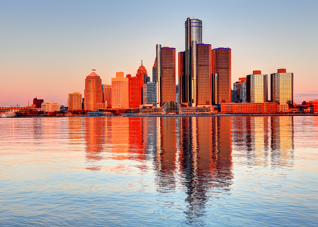 The Detroit skyline at sunset.