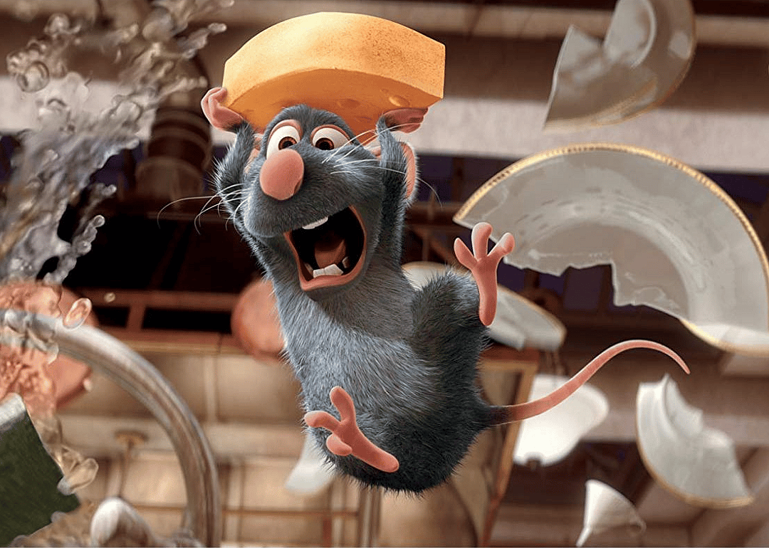 A cartoon of a rat flying through the air holding cheese.