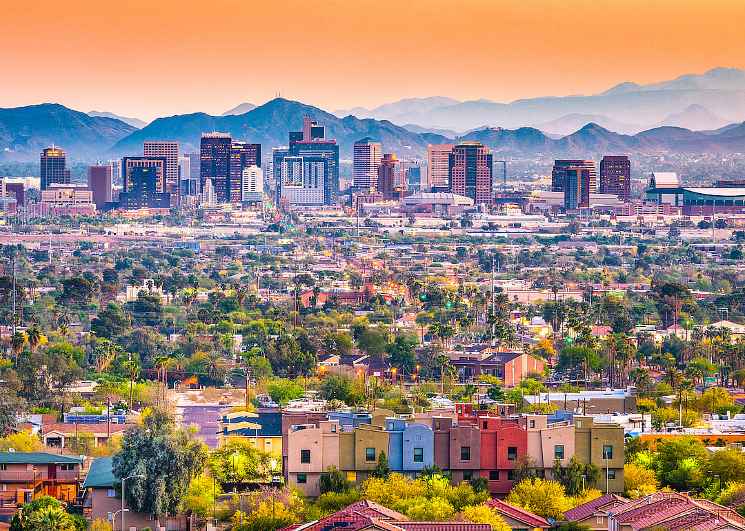 Downtown Phoenix, Arizona, at dusk.