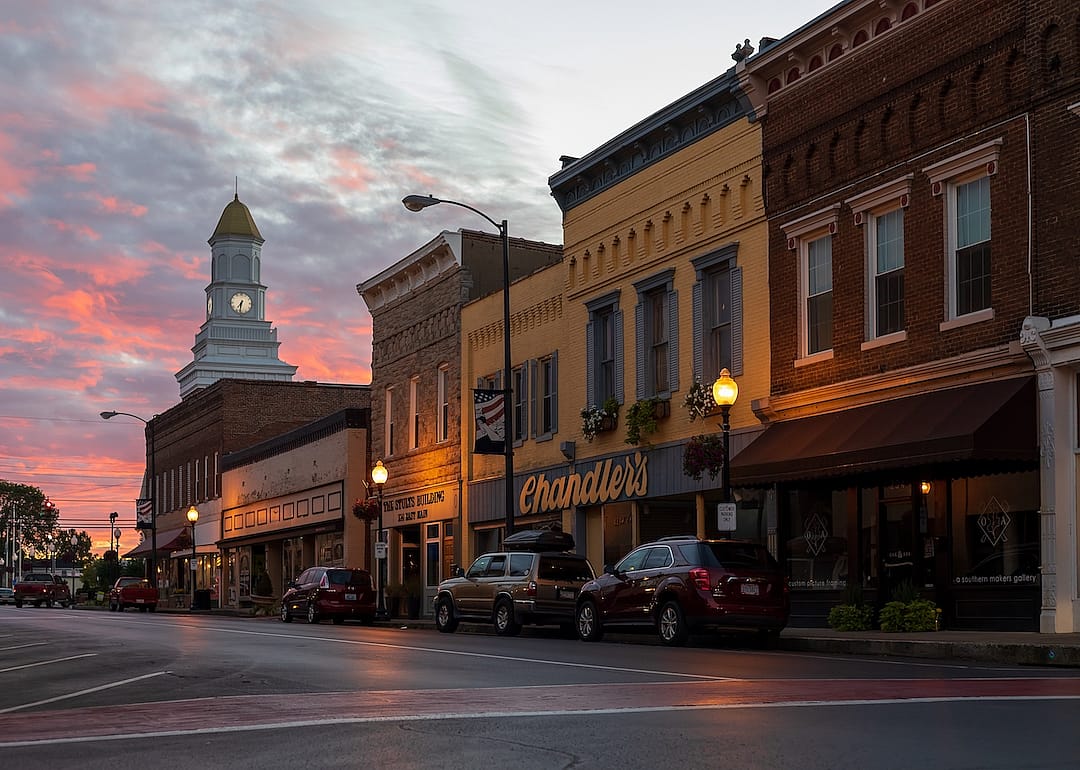 Pink skies over quaint old buildings of downtown Campbellsville, Kentucky.