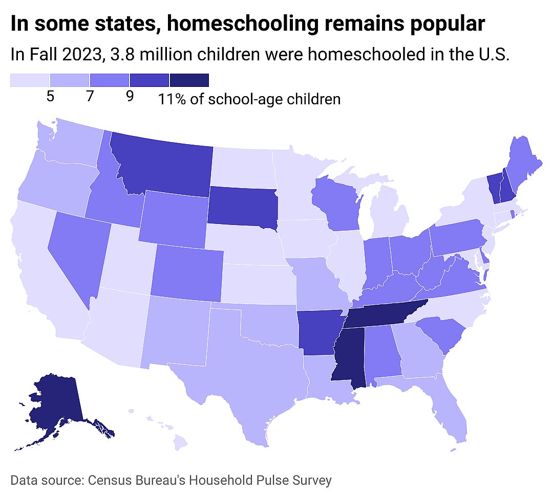 A map showing the most recent homeschooling rates in each state.