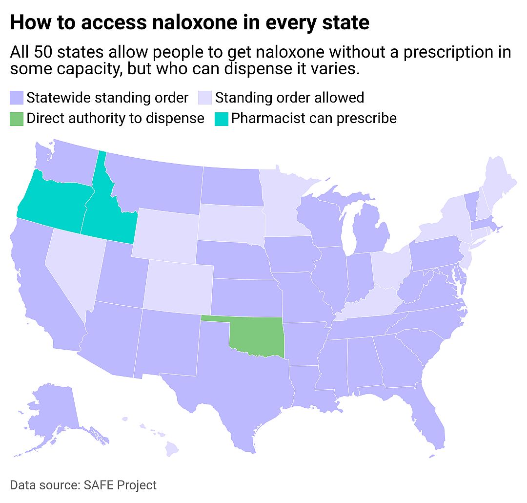 A map showing how residents can get naloxone in each state.