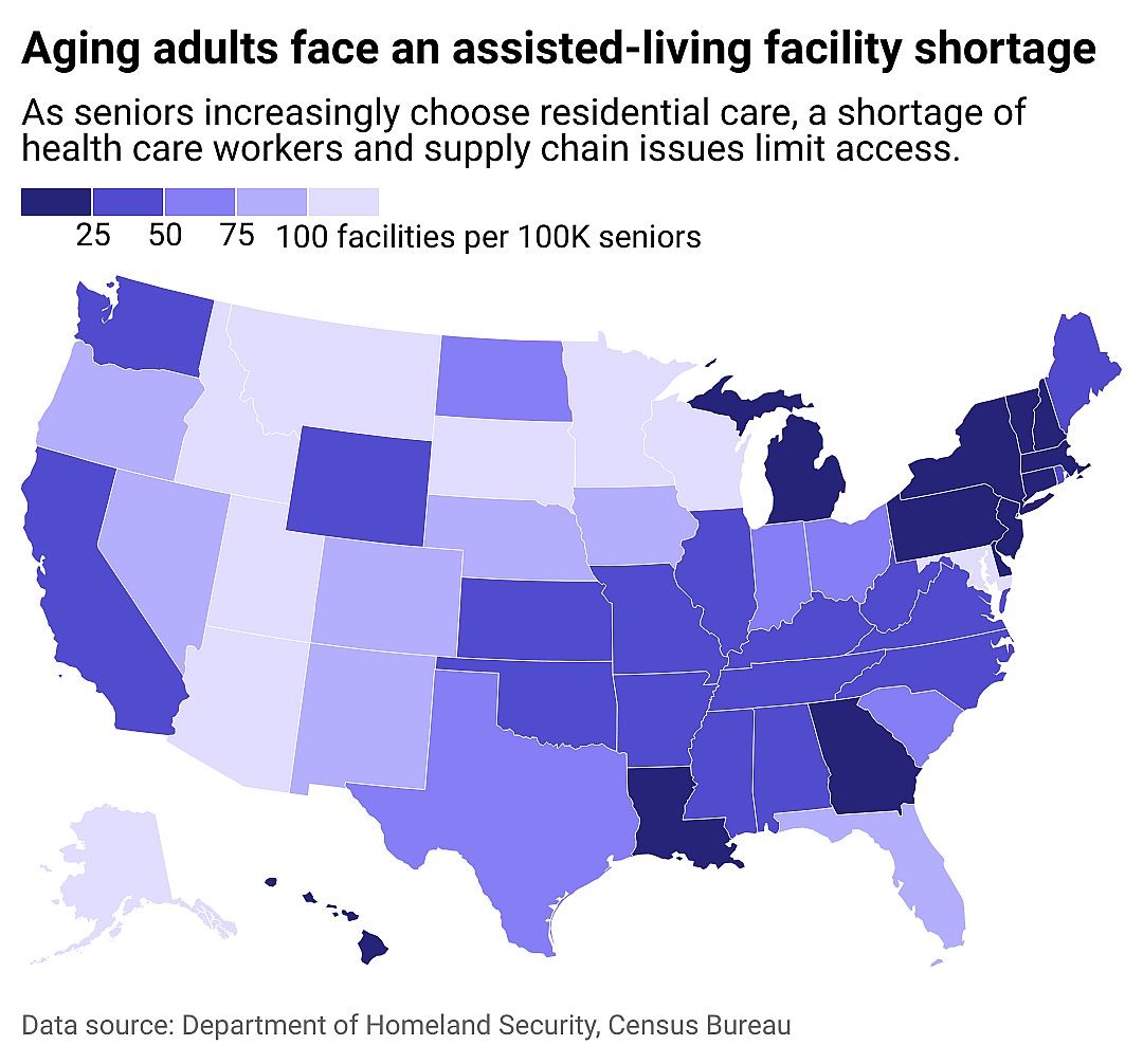 A map showing the number of assisted living facilities per 100,000 adults.