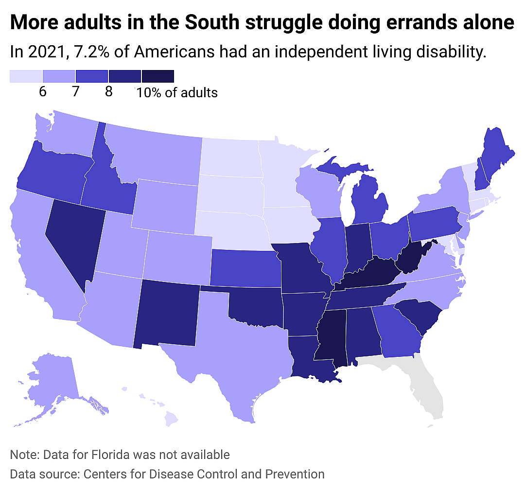 A map showing the share of residents with independent living disabilities in each state in 2021.