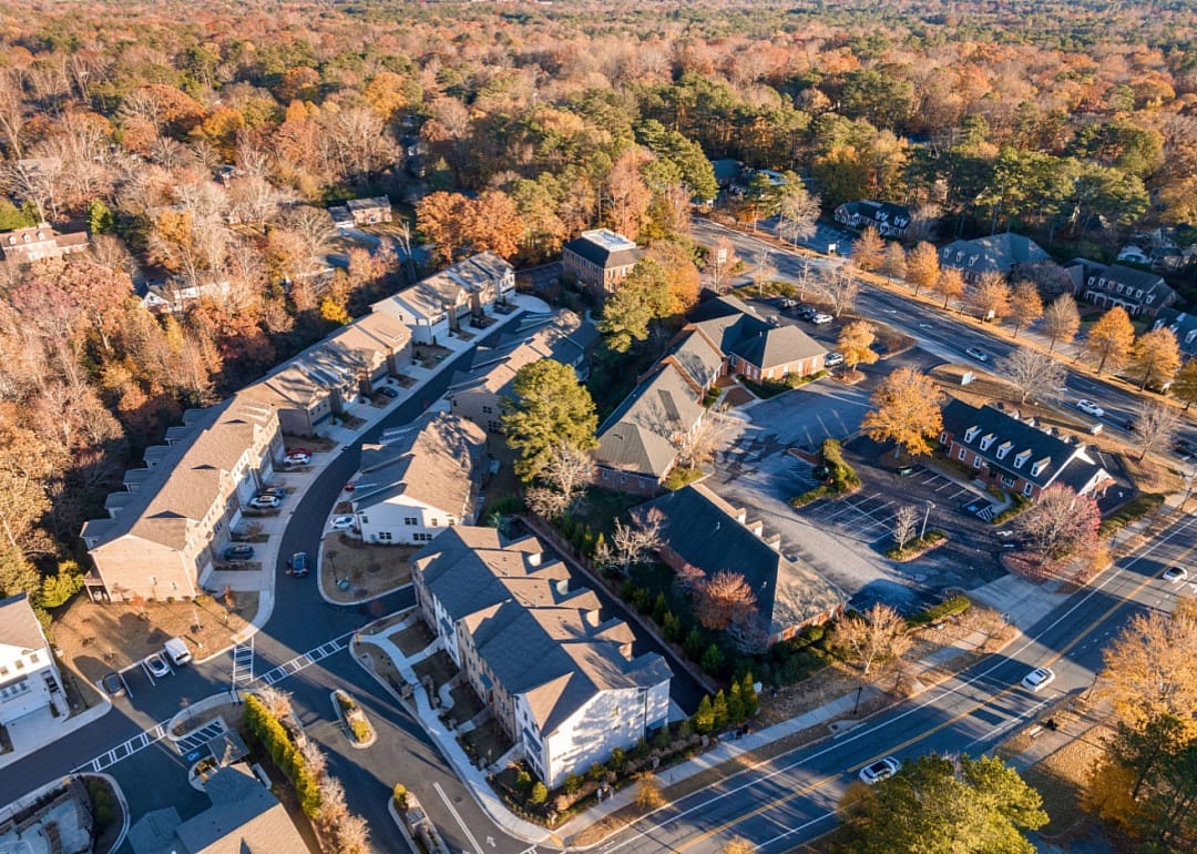 An aerial view of homes and townhouses in Fall.