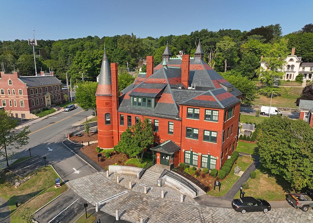Belmont Town Hall building in the historic town center of Belmont, Massachusetts.