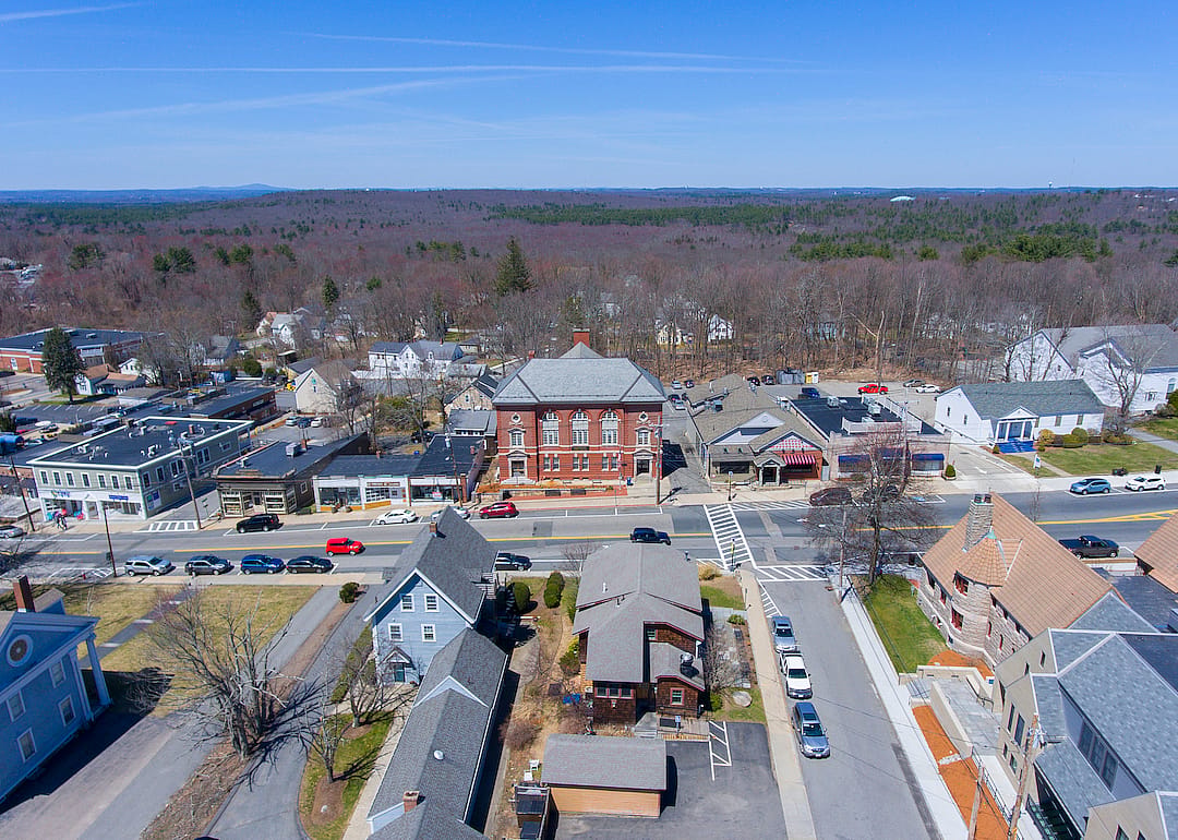 Aerial view of Hopkinton Town Hall.