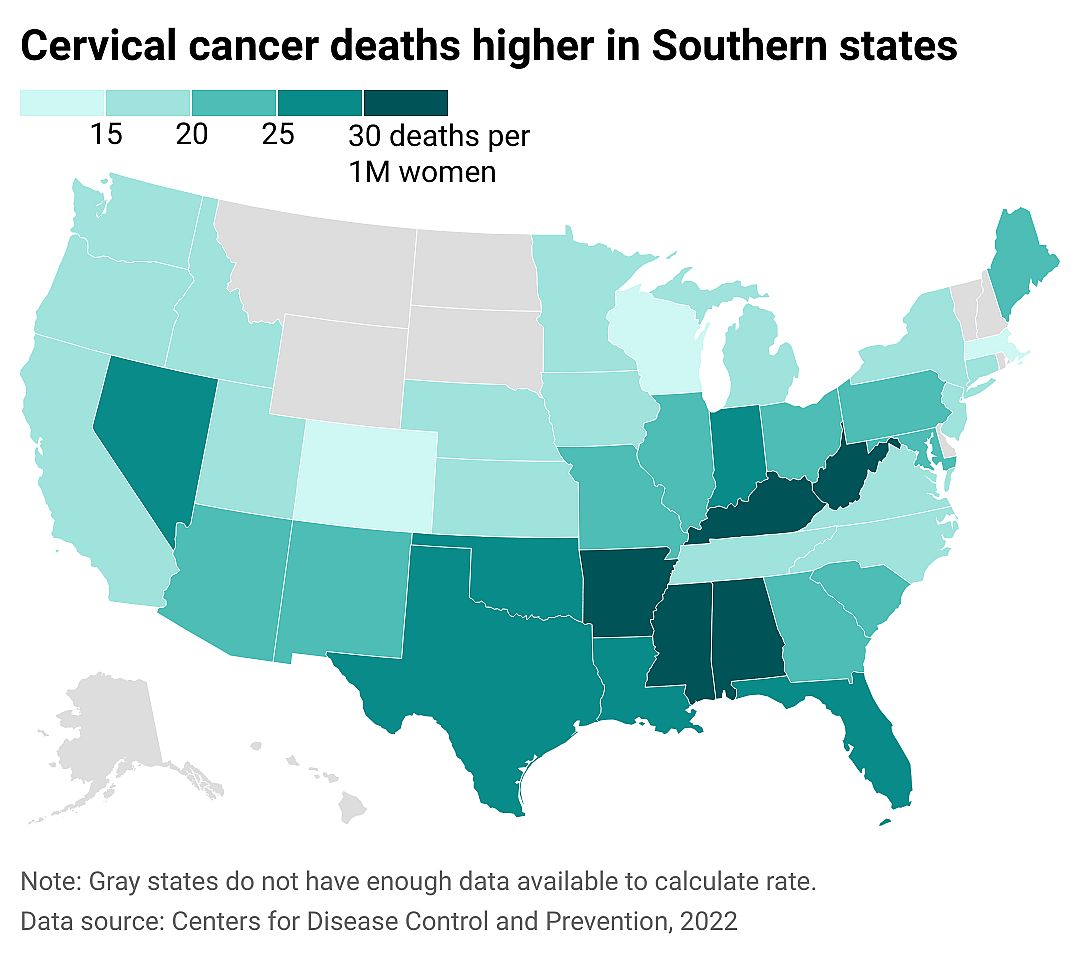 Map showing cervical cancer death rates are higher in Southern states.