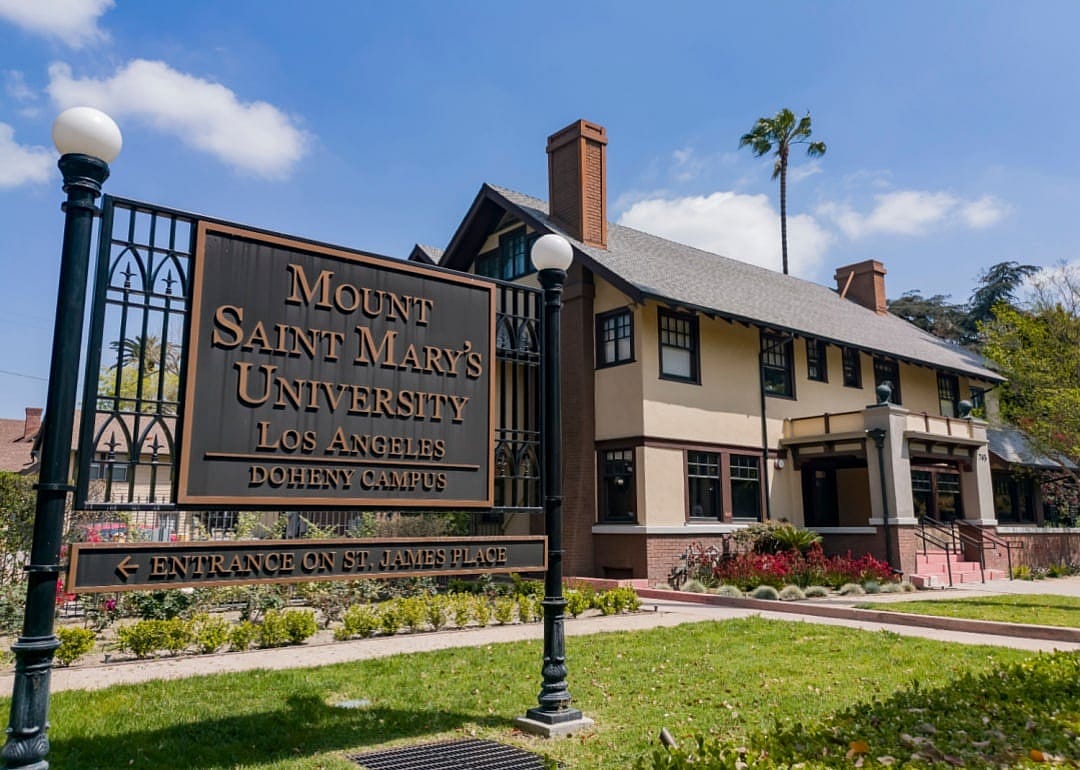 Mount Saint Mary's University sign and campus.