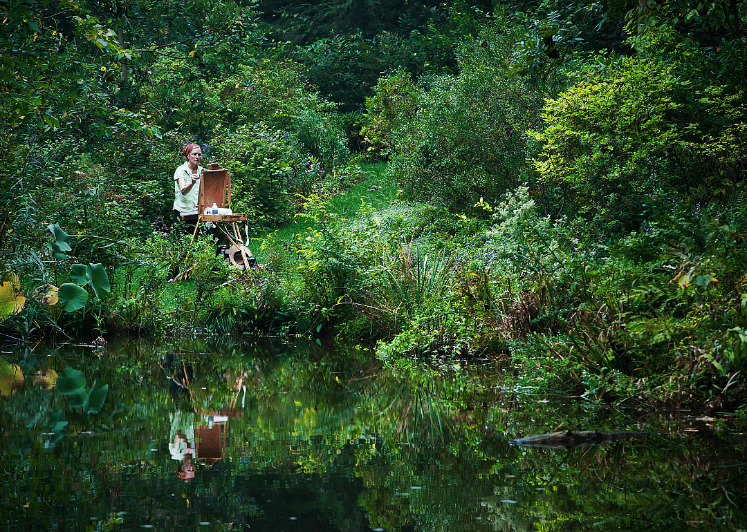 An artist painting in a park.