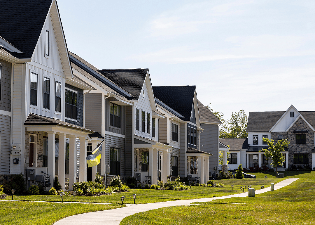 A sidewalk leading to large modern homes in North Potomac.