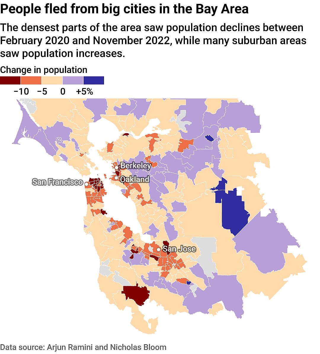 A map showing how the populations of different zip codes in the San Francisco Bay Area shifted during the pandemic.