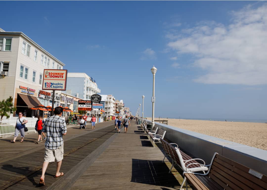 Pedestrians strolling on the boardwalk in Ocean City, Maryland.