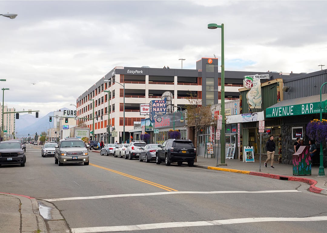 Downtown traffic in Anchorage, Alaska, as seen on a cloudy day in the summer of 2019.